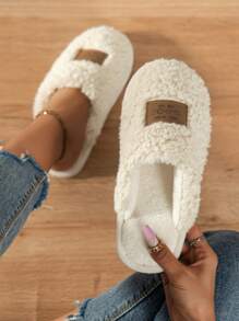 Letter Patch Decor Fuzzy Bedroom Slippers - Beige - View 2