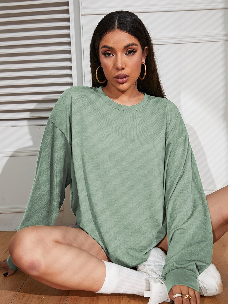 INAWLY Drop Shoulder Oversized Solid Tee, Unisex Fall Cloth For Women - Mint Green - View 1