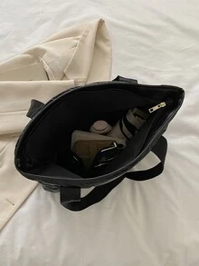 Quilted Detail Shoulder Tote Bag - Black - View 5