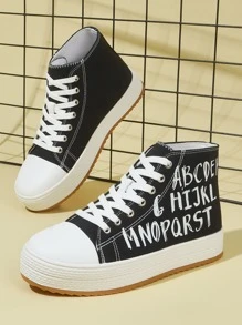 Letter Detail Lace-up Front High Top Canvas Shoes - Black and White - View 1