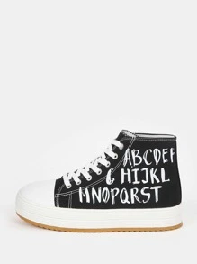 Letter Detail Lace-up Front High Top Canvas Shoes - Black and White - View 2