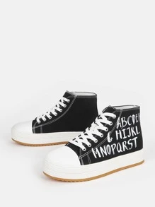 Letter Detail Lace-up Front High Top Canvas Shoes - Black and White - View 3