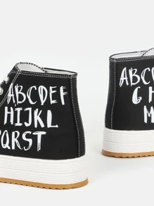 Letter Detail Lace-up Front High Top Canvas Shoes - Black and White - View 5