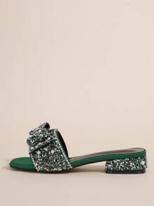 Women's New Crystal Heel Slides, Fashion Luxurious Sequin Pearl Chain Crystal Flower Slip On Open Toe Versatile Sandals - Green - View 4
