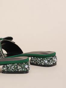 Women's New Crystal Heel Slides, Fashion Luxurious Sequin Pearl Chain Crystal Flower Slip On Open Toe Versatile Sandals - Green - View 5