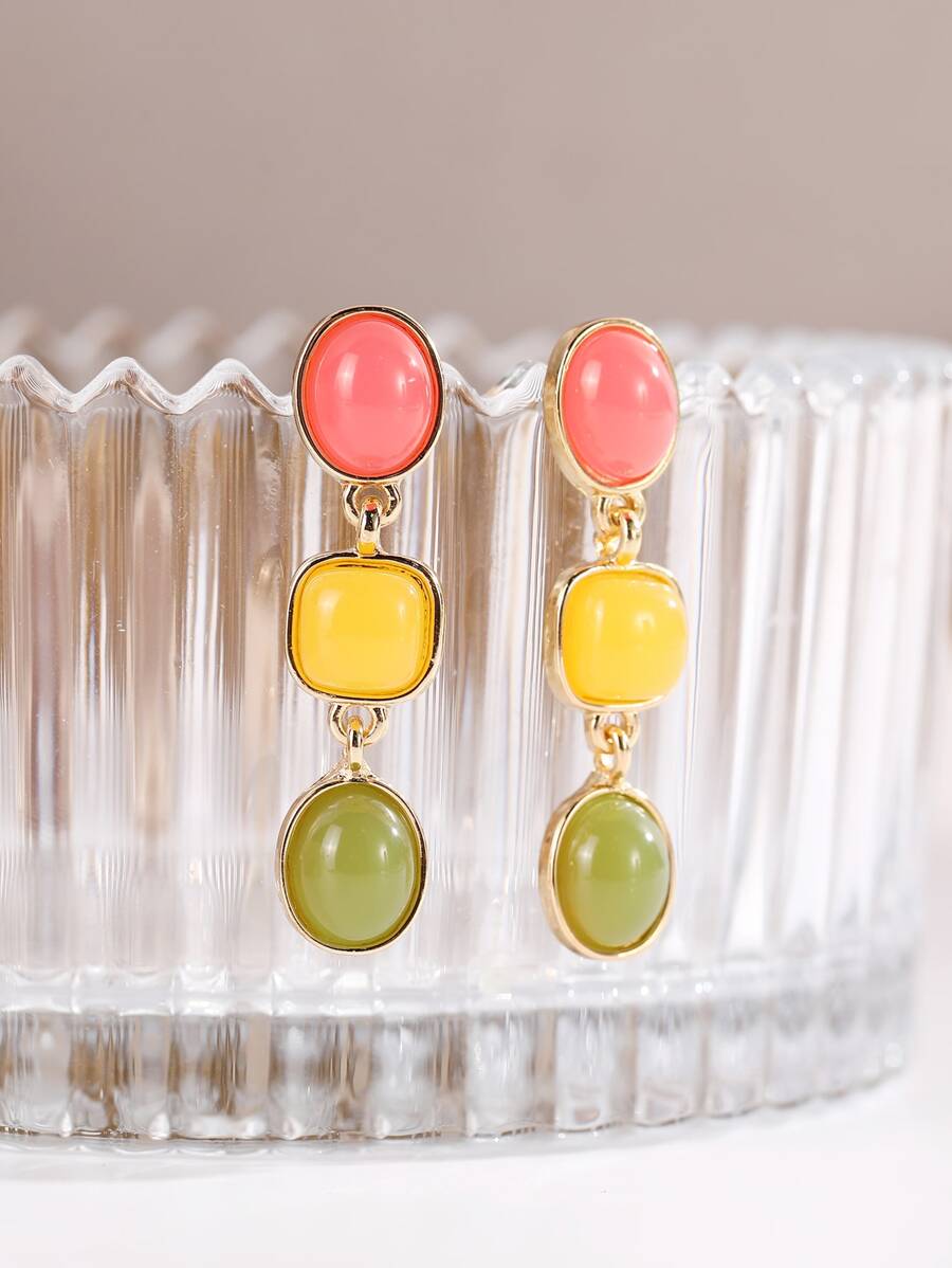 Square & Oval Drop Earrings - Multicolor - View 1