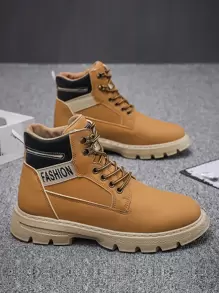 Men Letter Patch Decor Lace-up Front Combat Boots - Brown - View 1