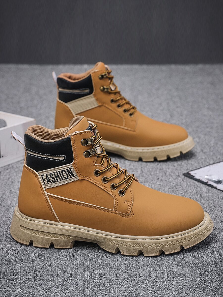 Men Letter Patch Decor Lace-up Front Combat Boots - Brown - View 1