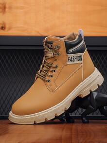 Men Letter Patch Decor Lace-up Front Combat Boots - Brown - View 4