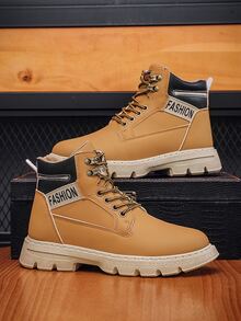 Men Letter Patch Decor Lace-up Front Combat Boots - Brown - View 5