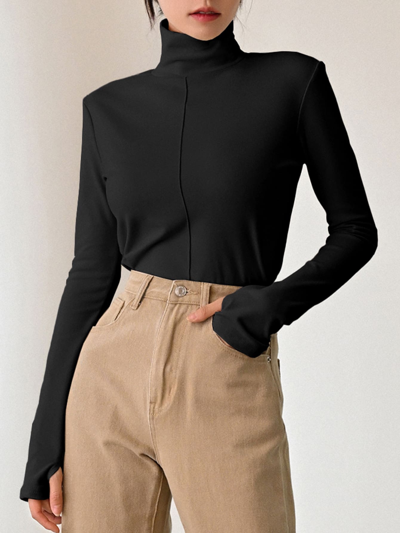 DAZY High Neck Thumb Holes Tee Long Sleeve Women Tops Thermal Lined - Black - View 1