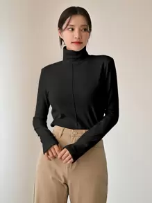 DAZY High Neck Thumb Holes Tee Long Sleeve Women Tops Thermal Lined - Black - View 7