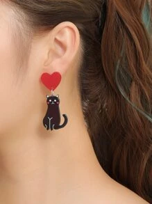 Heart Decor Cat Drop Earrings - màu đen - Xem 1