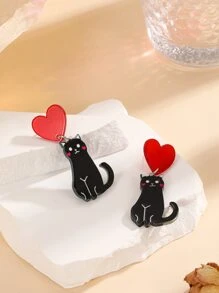Heart Decor Cat Drop Earrings - màu đen - Xem 4