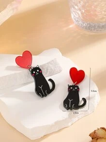 Heart Decor Cat Drop Earrings - màu đen - Xem 5