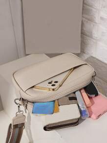 Ví Nữ Dây Kéo Da PU - Túi Đeo Ngang Vuông Hợp Thời Trang Họa Tiết Vải Vải Vuông Dây Kéo Dập Nổi, Quà Tặng Ngày Nhà Giáo Dành Cho Thầy Cô - Màu be - Xem 5