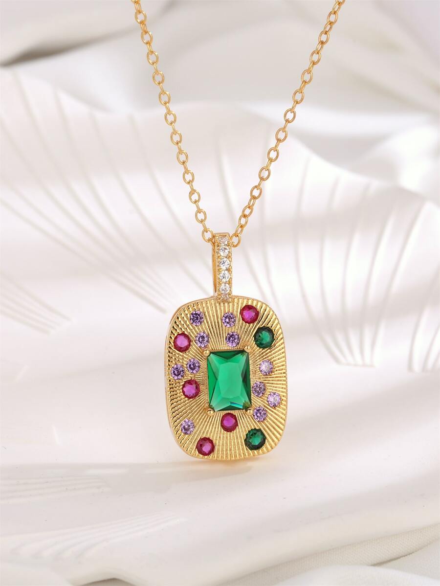 Cubic Zirconia Decor Geometric Pendant Necklace - Multicolor - View 1