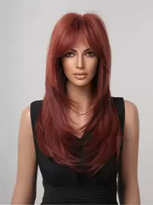 Peluca sintética medio recto con tupe - Burdeos - Ver 8