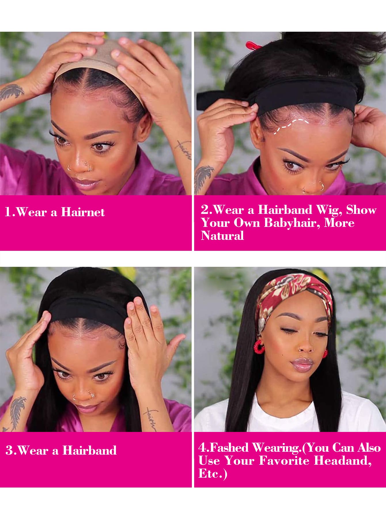 Miniatura 4 de Peluca sintética largo recto con diadema Negro