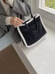 毛茸茸拼塊燈芯絨方包 - 黑與白 - 查看 1