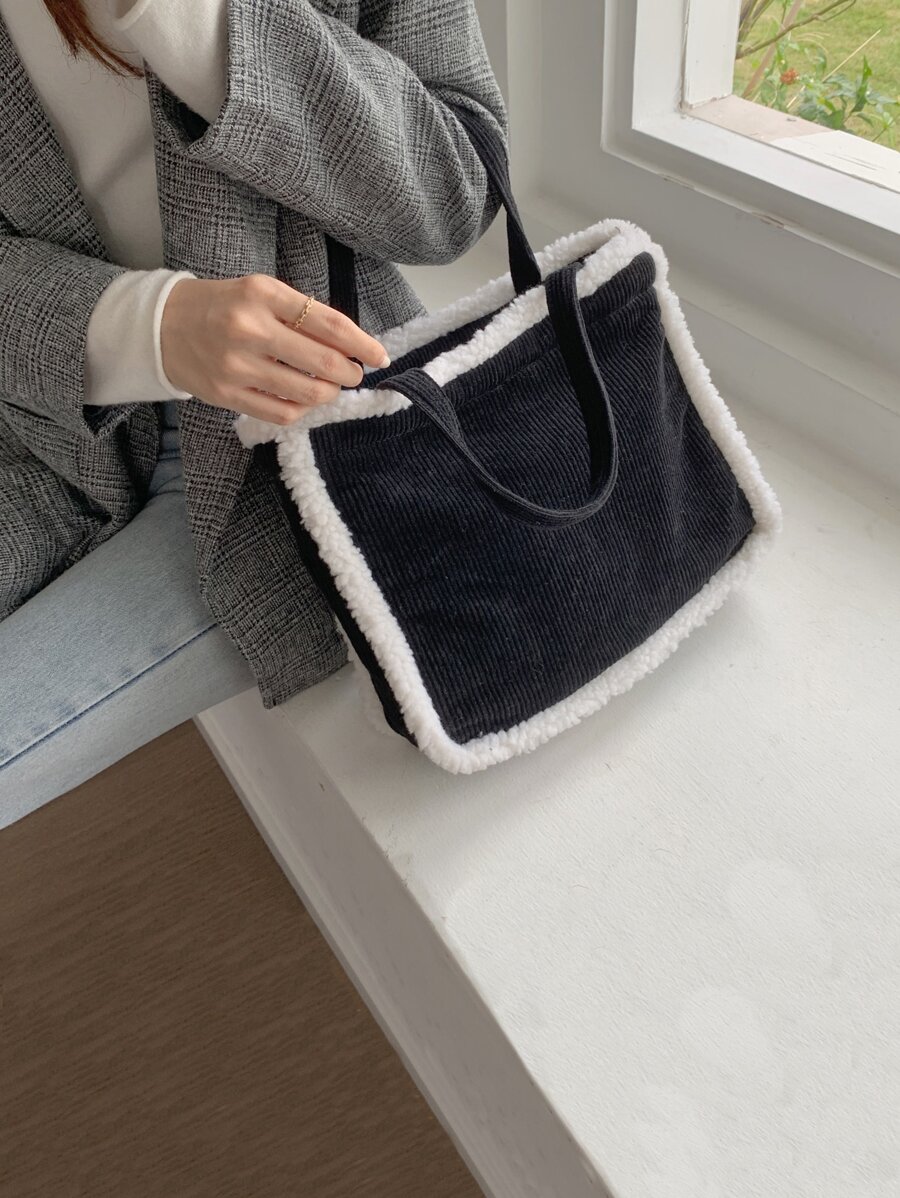 毛茸茸拼塊燈芯絨方包 - 黑與白 - 查看 1