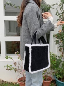 毛茸茸拼塊燈芯絨方包 - 黑與白 - 查看 2