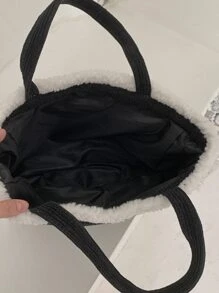 毛茸茸拼塊燈芯絨方包 - 黑與白 - 查看 3