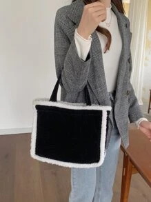 毛茸茸拼塊燈芯絨方包 - 黑與白 - 查看 5