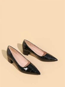 Bombas de Salto Grosso Pretas Estampadas em Couro de Crocodilo, Bombas de Salto Elegantes para Mulheres no Outono/Inverno