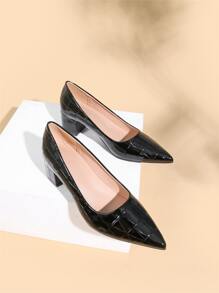 Bombas de Salto Grosso Pretas Estampadas em Couro de Crocodilo, Bombas de Salto Elegantes para Mulheres no Outono/Inverno