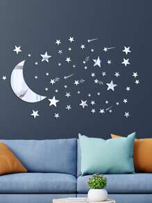 Pegatina de pared de espejo con luna y estrella - Plateado - Ver 1
