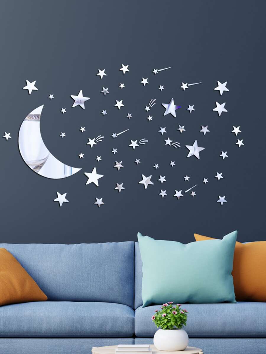 Pegatina de pared de espejo con luna y estrella - Plateado - Ver 1