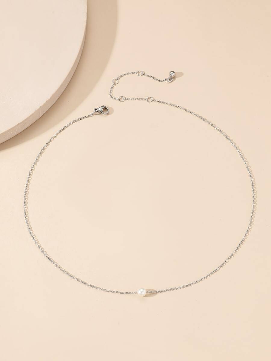 1入組人造珍珠裝飾項鍊,不銹鋼首飾類 - 銀色 - 查看 1