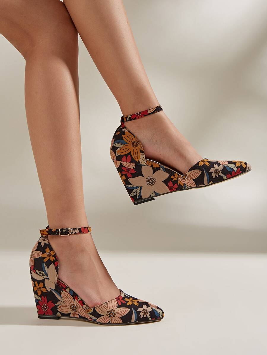 Floral Pattern Ankle Strap Wedge Court Shoes - Multicolor - View 1