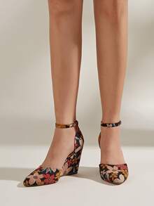 Floral Pattern Ankle Strap Wedge Court Shoes - Multicolor - View 4