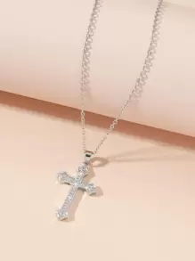 Cubic Zirconia Cross Charm Necklace - Silver - View 1