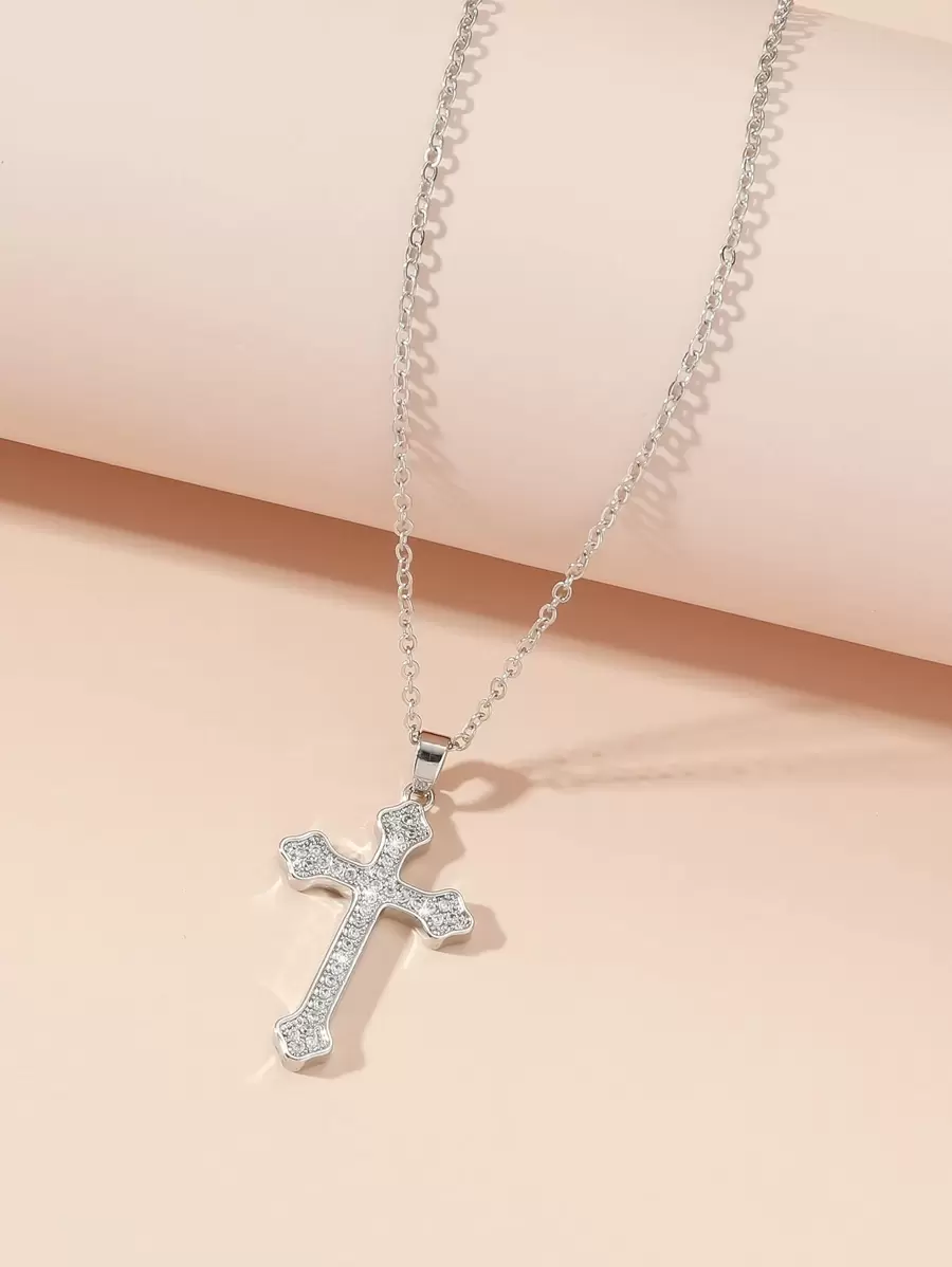 Cubic Zirconia Cross Charm Necklace - Silver - View 1