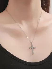 Cubic Zirconia Cross Charm Necklace - Silver - View 2