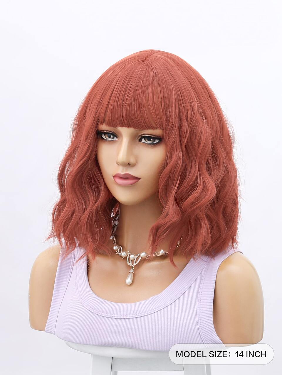 Synthetic heat resistant wigs Coral Orange short wavy wigs with bangs 14 Inch cheap daily wear beginner friendly,wear to go