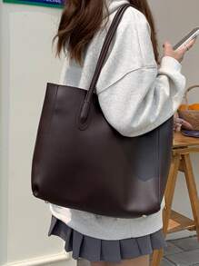 Minimalist Shoulder Tote Bag - Coffee Brown - View 2