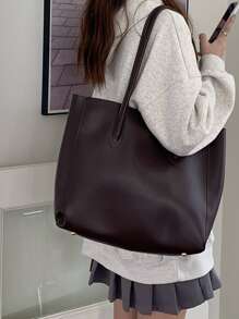 Minimalist Shoulder Tote Bag - Coffee Brown - View 3