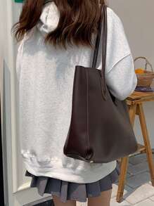 Minimalist Shoulder Tote Bag - Coffee Brown - View 5