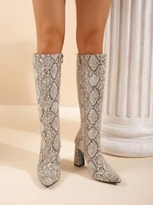 蛇皮壓花粗跟經典靴 - 彩色 - 查看 3