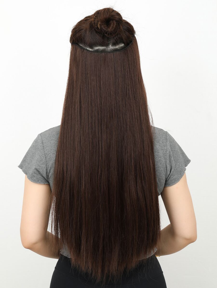 Tóc nối kẹp hình chữ V dài 22 inch, màu nâu pha, tóc thẳng tổng hợp.