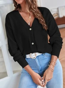 SHEIN Frenchy Nữ Cardigans Nút phía trước màu trơn Giải trí - màu đen - Xem 1