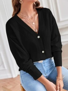 SHEIN Frenchy Nữ Cardigans Nút phía trước màu trơn Giải trí - màu đen - Xem 2