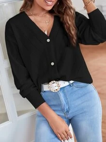 SHEIN Frenchy Nữ Cardigans Nút phía trước màu trơn Giải trí - màu đen - Xem 3