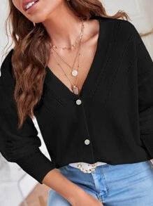 SHEIN Frenchy Nữ Cardigans Nút phía trước màu trơn Giải trí - màu đen - Xem 6