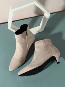 優雅素色淺褐色女士時尚靴子帶拉鍊,尖頭,高跟鞋和仿麂皮材料 - 米色 - 查看 4