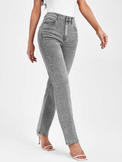SHEIN Essnce High Waist Raw Cut Straight Leg Jeans